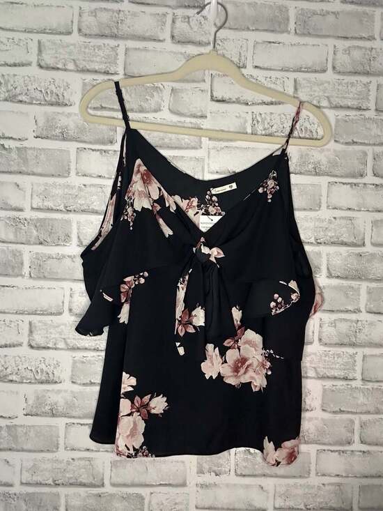 Soprano Tops - Soprano Women's Black Floral Cold-Shoulder Tie-Front Blouse
